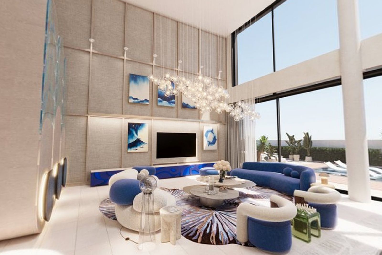 Living room of Jebel Ali Hills Villa: travertine floor, oval skylight, fountain and double-height glazing